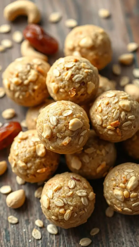 A delicious display of cashew energy balls on a wooden platter, showcasing a healthy no-bake snack option.