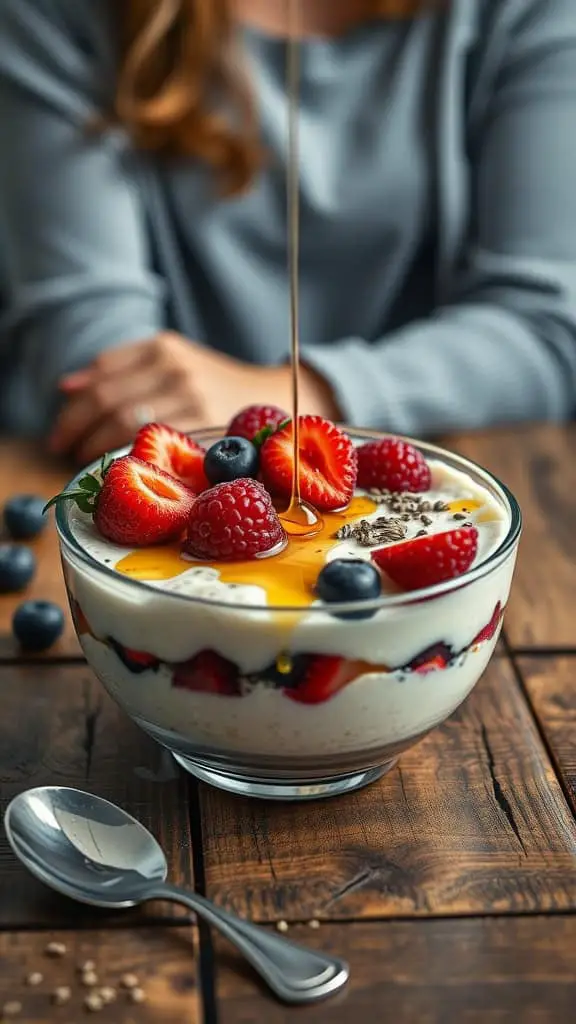 A bowl of cheesecake overnight oats topped with fresh berries and a drizzle of honey.