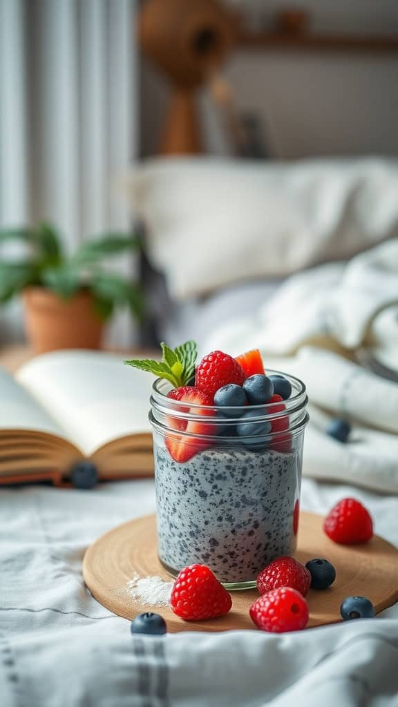 Chia pudding topped with berries in a jar, placed on a wooden plate.