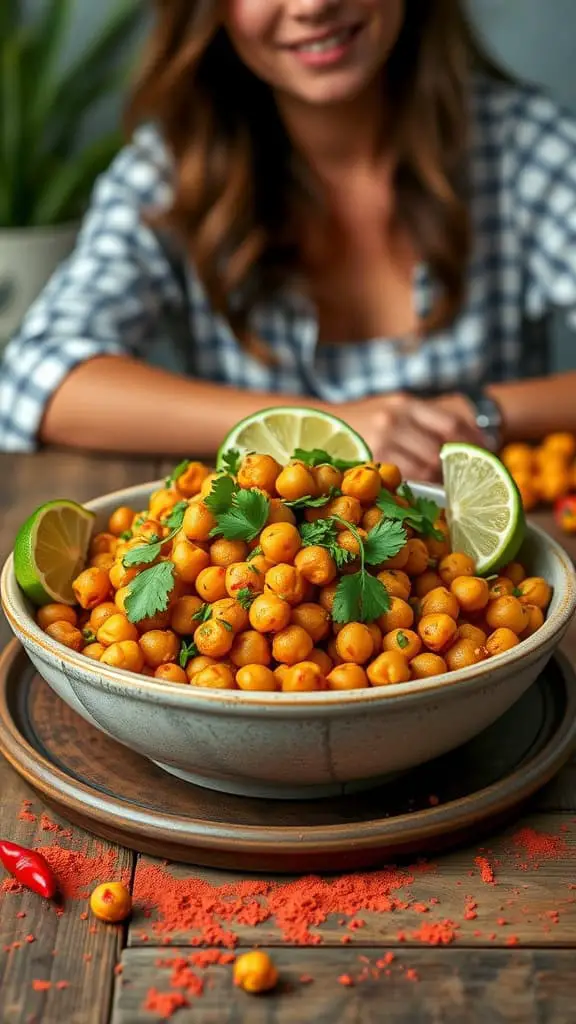 Bowl of chili lime roasted chickpeas garnished with lime and cilantro