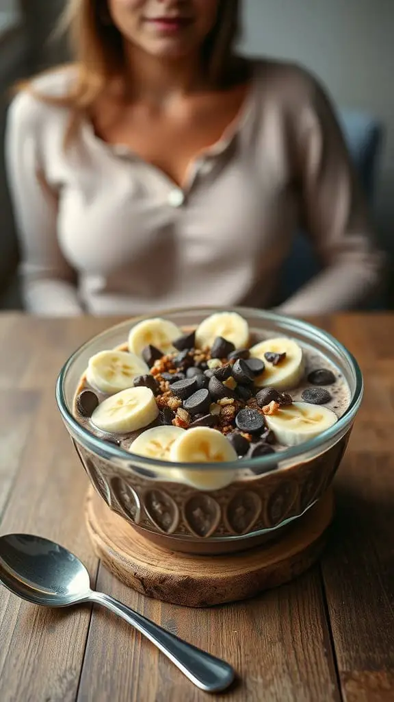 A bowl of chocolate banana overnight oats topped with banana slices and chocolate chips.