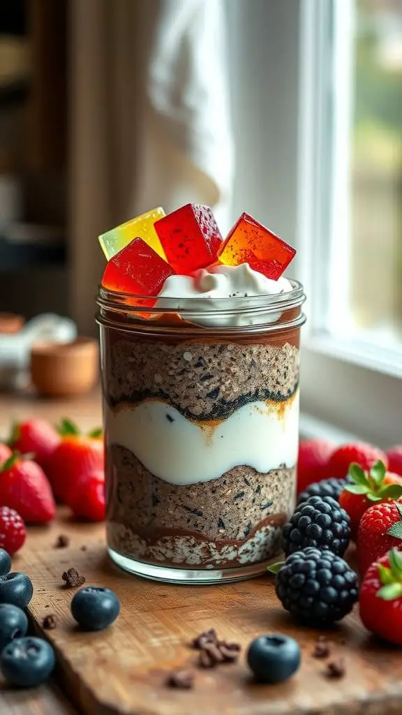 A jar of chocolate cheesecake overnight oats with layers of cream cheese and chocolate Jello, topped with whipped cream and colorful Jello cubes.