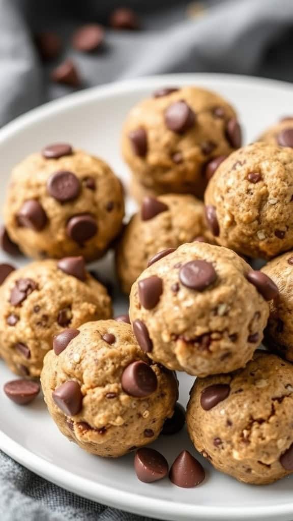 A plate of chocolate chip energy balls with measuring tape and chocolate chips scattered around.