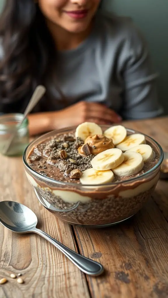 A bowl of chocolate peanut butter overnight oats topped with bananas and nuts.