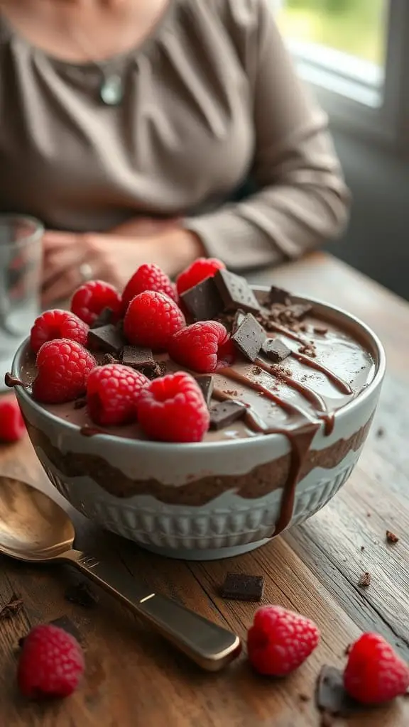 A bowl of chocolate raspberry cheesecake overnight oats topped with raspberries and chocolate pieces