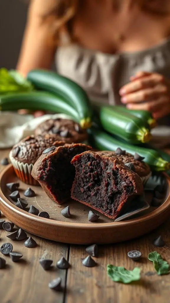 Chocolate zucchini muffins on a wooden plate with chocolate chips and zucchini