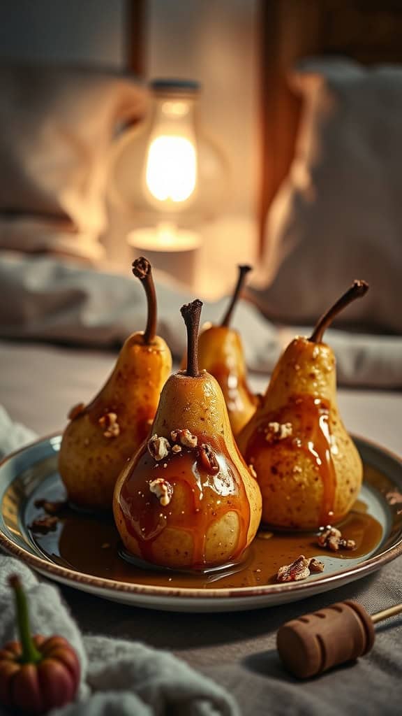 Delicious cinnamon-baked pears served on a plate with a cozy atmosphere.