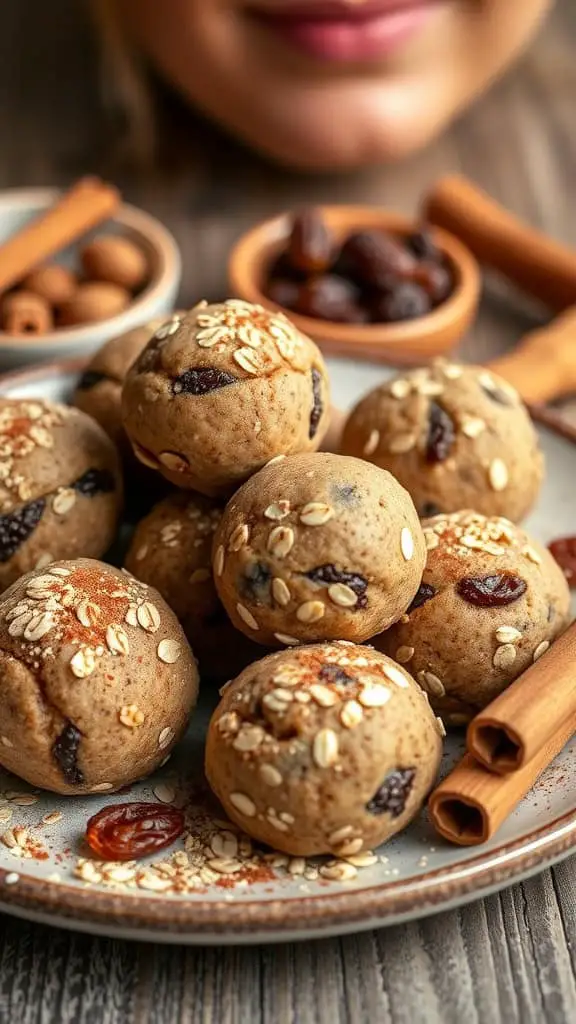 Cinnamon Raisin Energy Balls on a plate with cinnamon sticks and raisins.