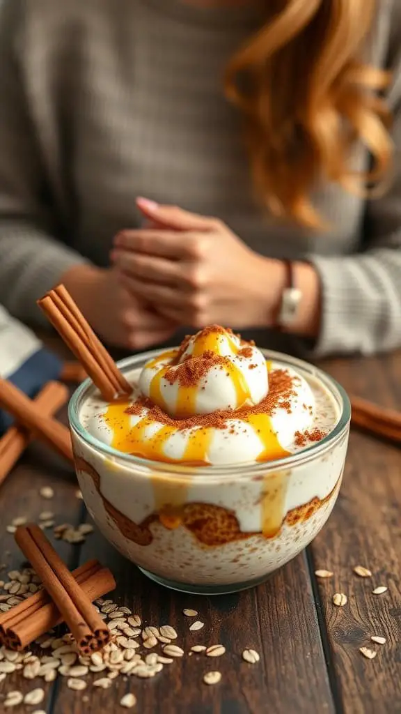 Cinnamon Roll High-Protein Overnight Oats in a glass bowl with toppings