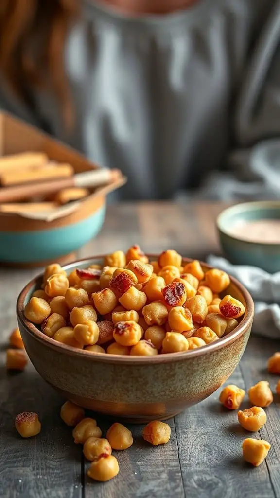 Bowl of cinnamon sugar roasted chickpeas, ready to be enjoyed as a sweet and crispy snack.