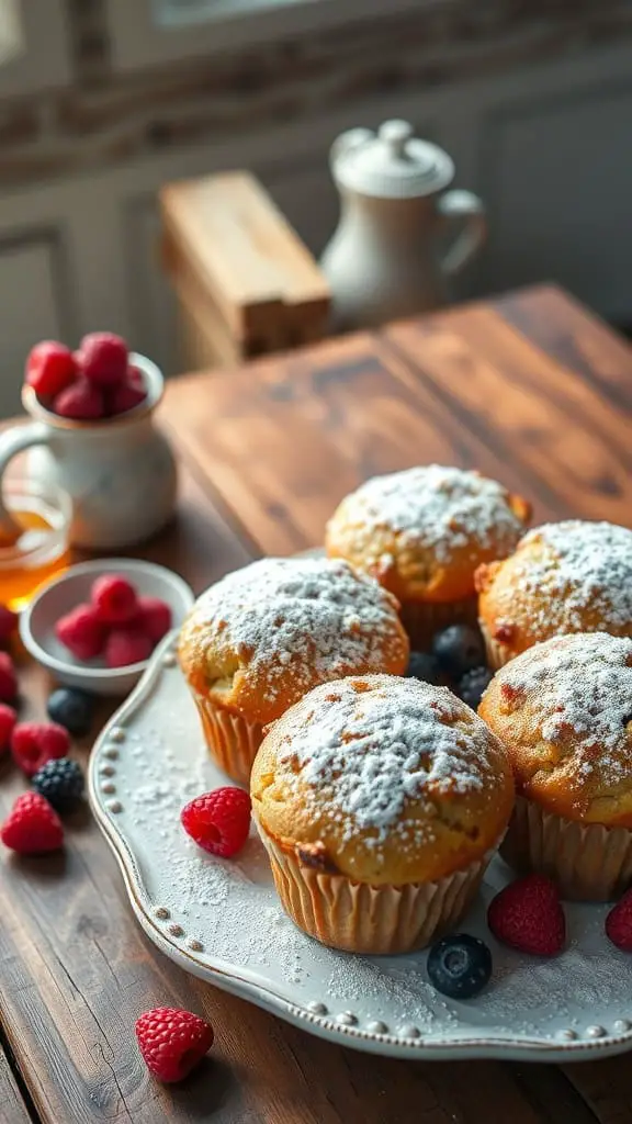 Delicious Greek yogurt muffins with berries and powdered sugar on top.