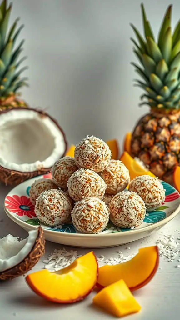 A plate of coconut energy balls surrounded by tropical fruits, including pineapple and mango.