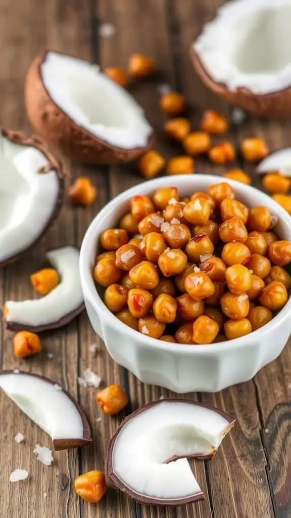 A bowl of coconut sugar roasted chickpeas, a healthy snack alternative.