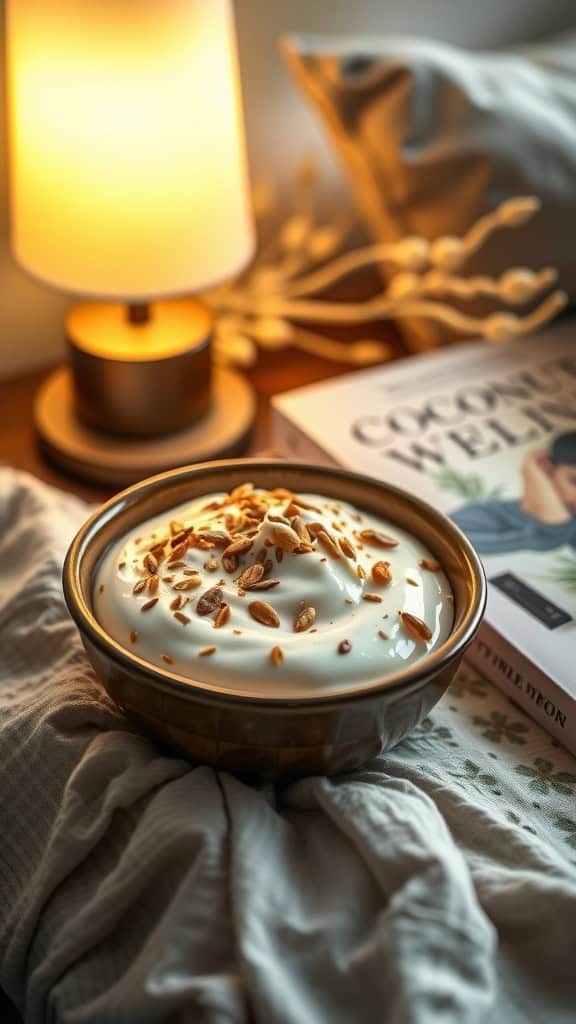 A bowl of coconut yogurt topped with flaxseeds, served as a healthy bedtime snack.