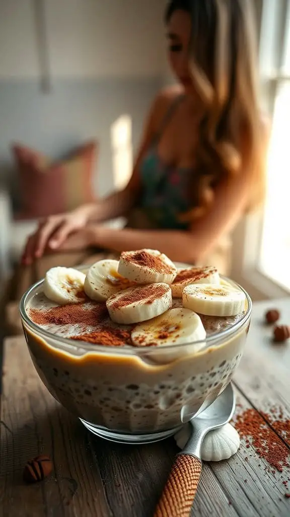 A bowl of coffee and chocolate overnight oats topped with banana slices.