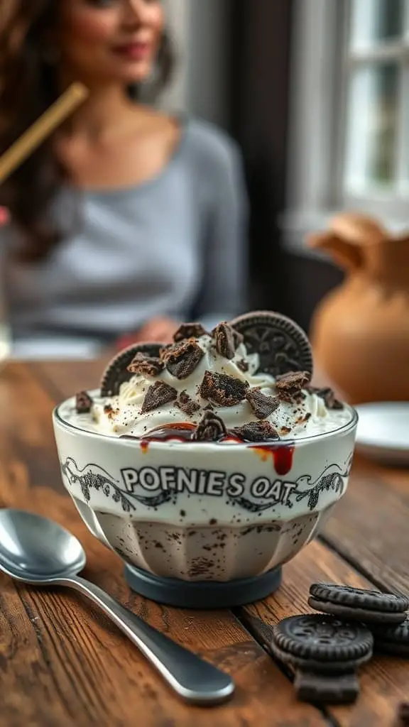 A bowl of cookies and cream high-protein overnight oats topped with crushed cookies.