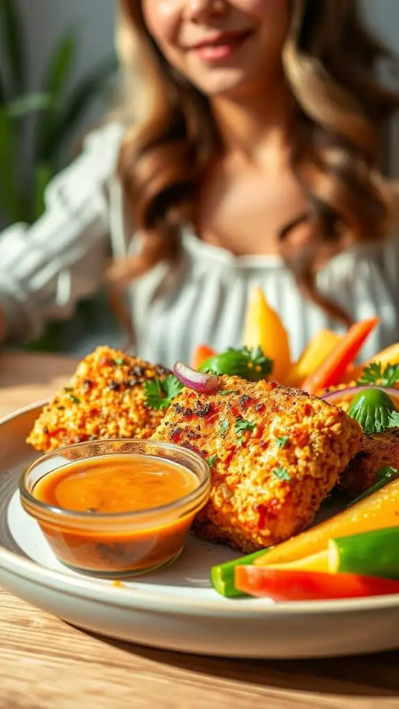 Crispy air fryer salmon bites served with a dipping sauce and colorful vegetables