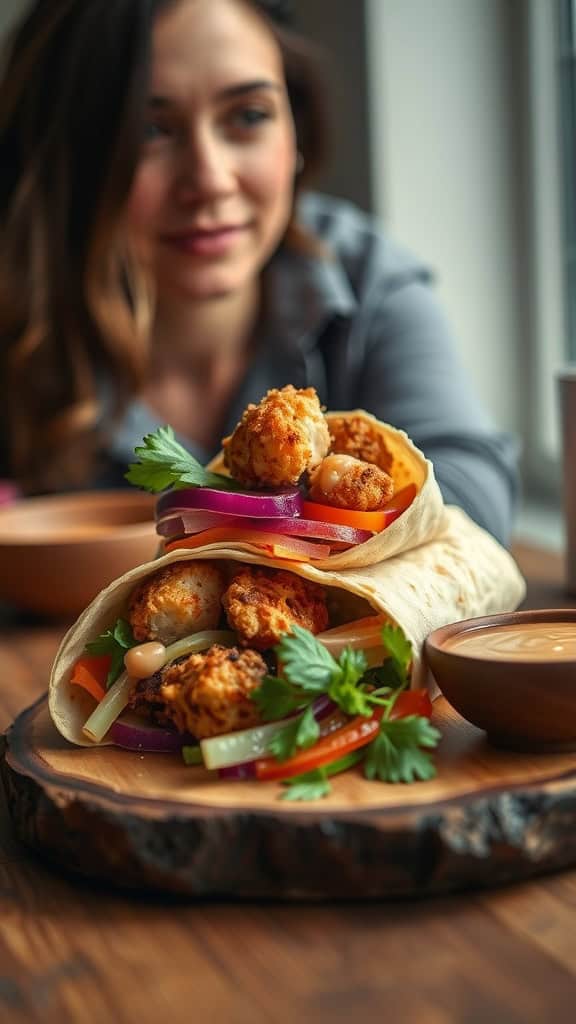 A close-up of crispy chicken wraps loaded with colorful veggies.