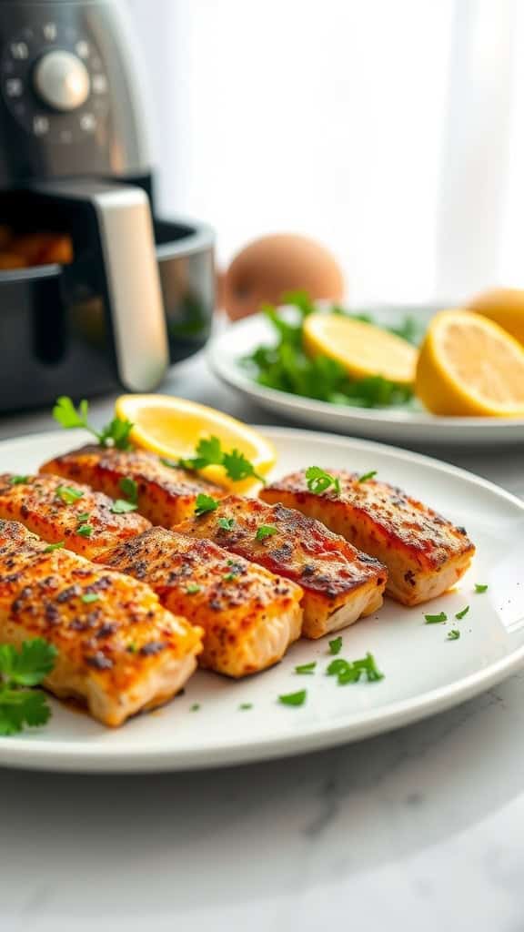 Crispy garlic parmesan salmon bites on a plate with fresh parsley and lemon slices