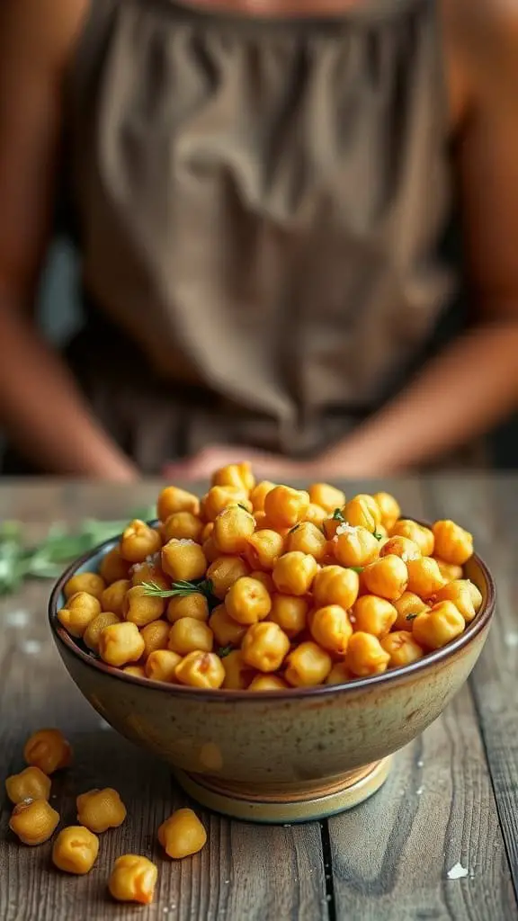 Bowl of crispy oven-roasted chickpeas seasoned with spices.