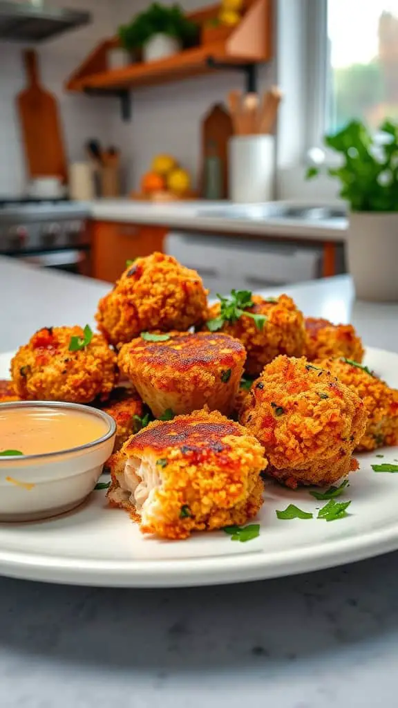 Crispy panko-crusted salmon bites served on a plate with a dipping sauce