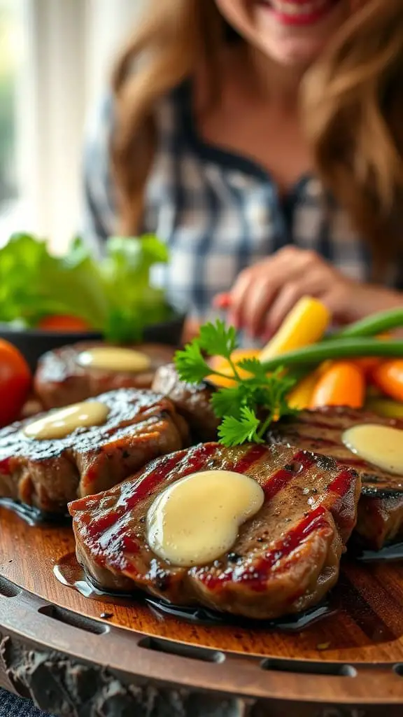 Tender and juicy garlic butter steak bites served with a side of fresh vegetables.