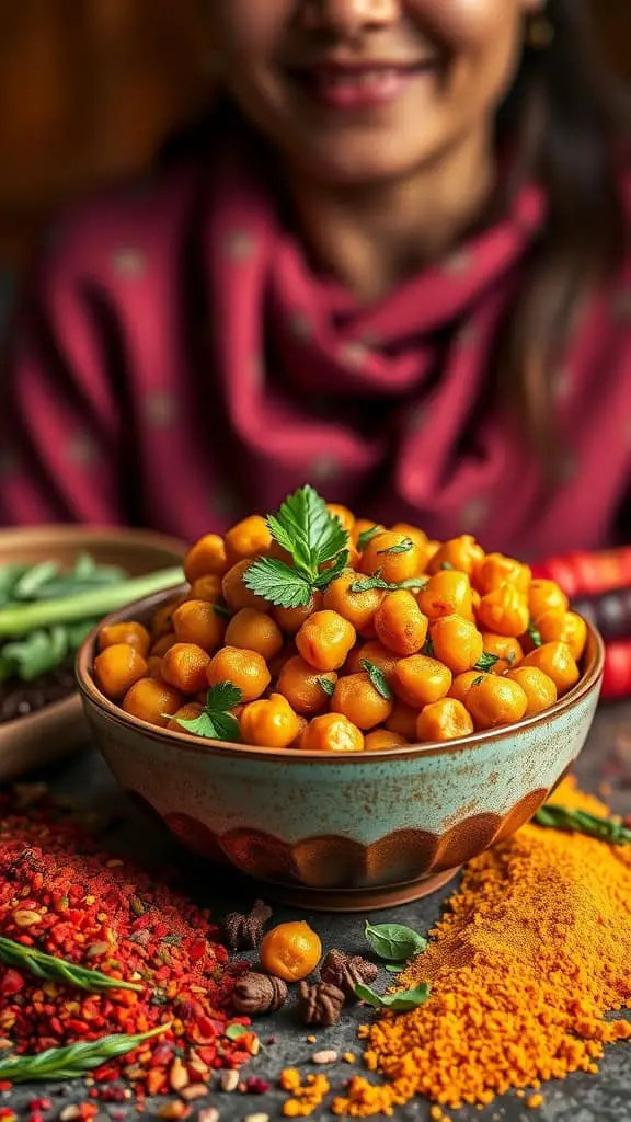 A bowl of vibrant curry roasted chickpeas garnished with herbs, surrounded by spices.