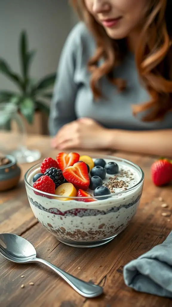 Dairy-free high-protein overnight oats with chia seeds and fresh berries in a bowl, ready to be enjoyed.