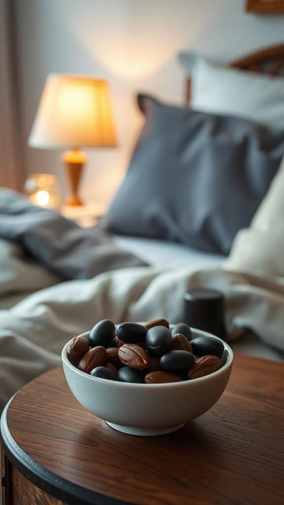 A bowl of dark chocolate covered almonds on a bedside table