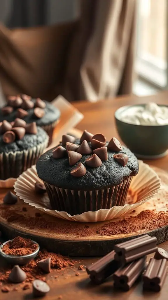 Delicious double chocolate Greek yogurt muffins topped with chocolate chips.