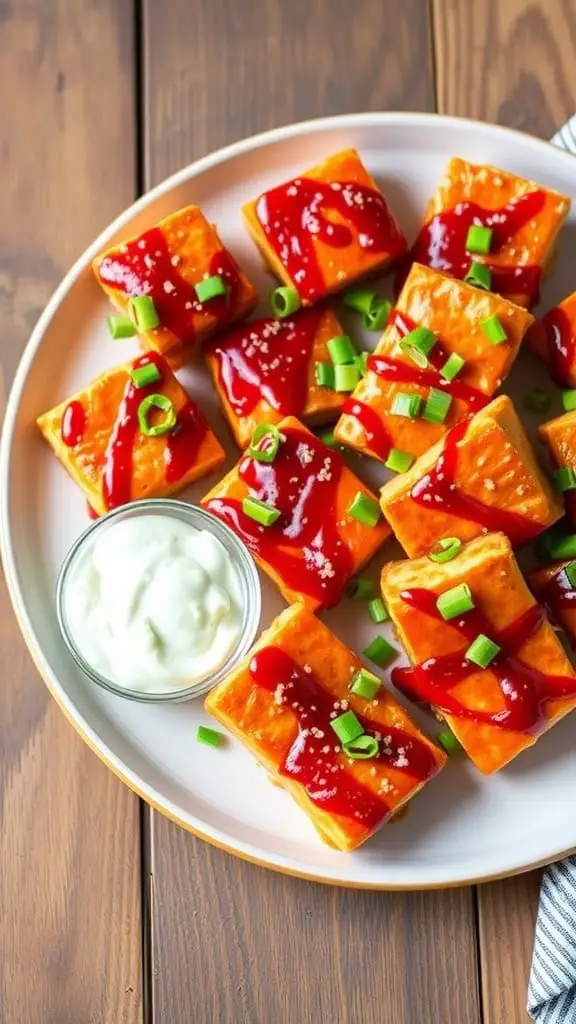 Plate of spicy baked buffalo salmon bites garnished with green onions and served with a side of ranch dressing.