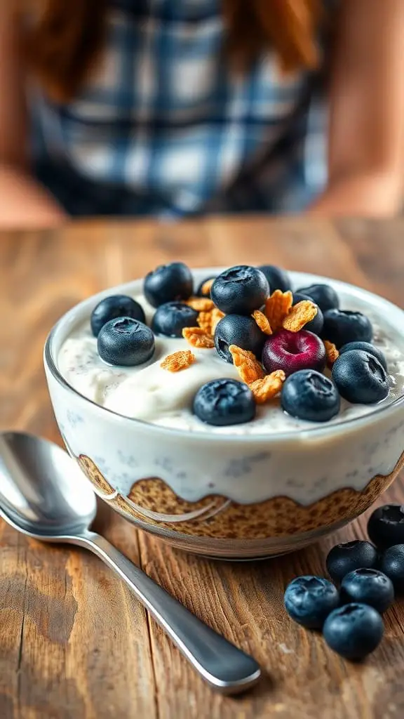 A bowl of blueberry cheesecake overnight oats topped with fresh blueberries and granola