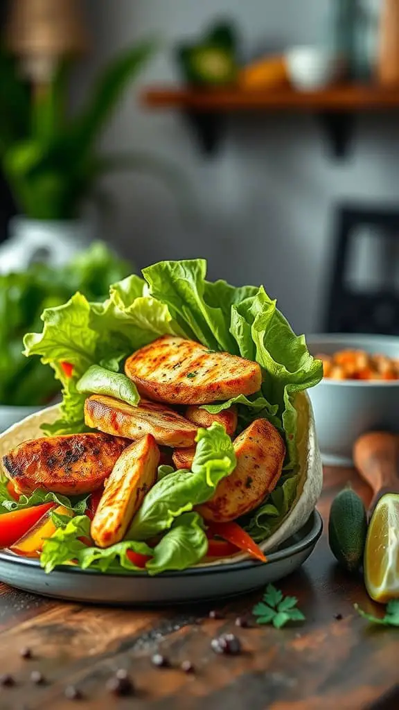 A tasty chicken wrap with lettuce and colorful bell peppers.