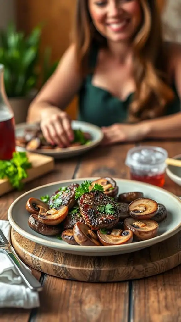 Delicious garlic butter steak bites with mushrooms served on a plate.