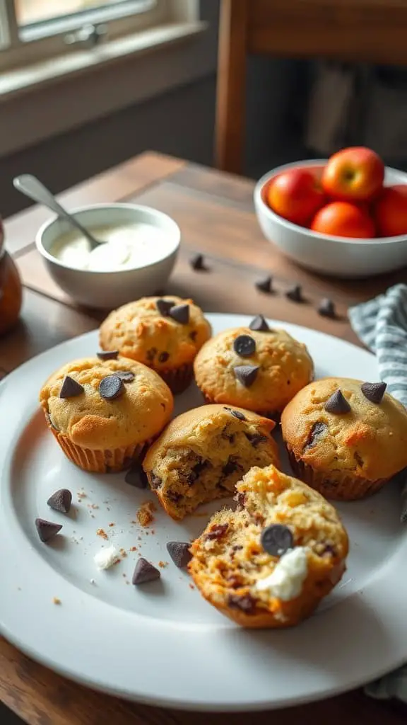 Plate of Greek yogurt chocolate chip muffins with chocolate chips scattered around.