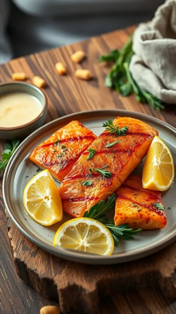 A plate of honey garlic salmon bites with lemon slices and fresh herbs