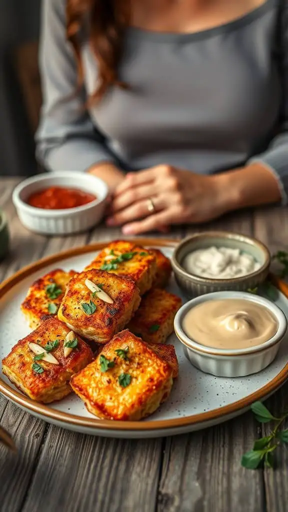 Delicious keto-friendly salmon bites served with dipping sauces.