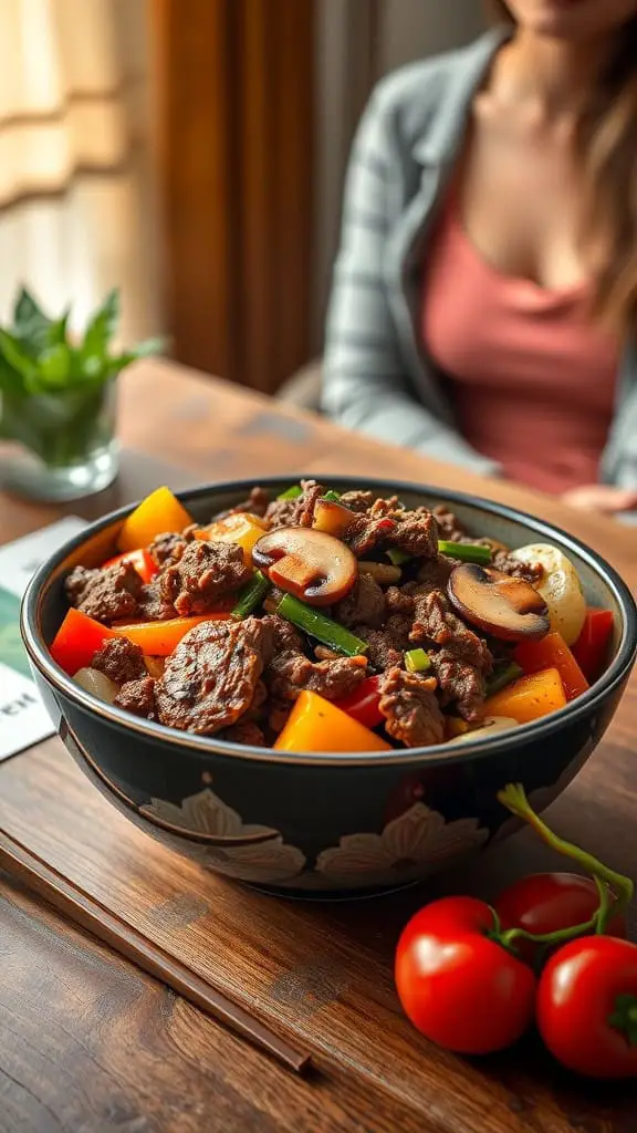 A bowl of Korean ground beef and mushroom stir-fry with colorful vegetables.