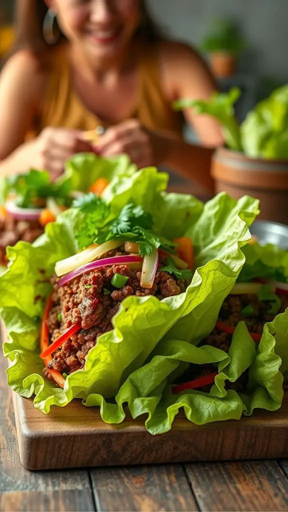 A plate of Korean ground beef lettuce wraps with fresh toppings.