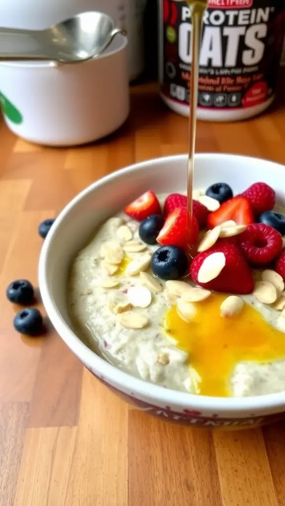 A bowl of overnight oats topped with mixed berries and almonds.