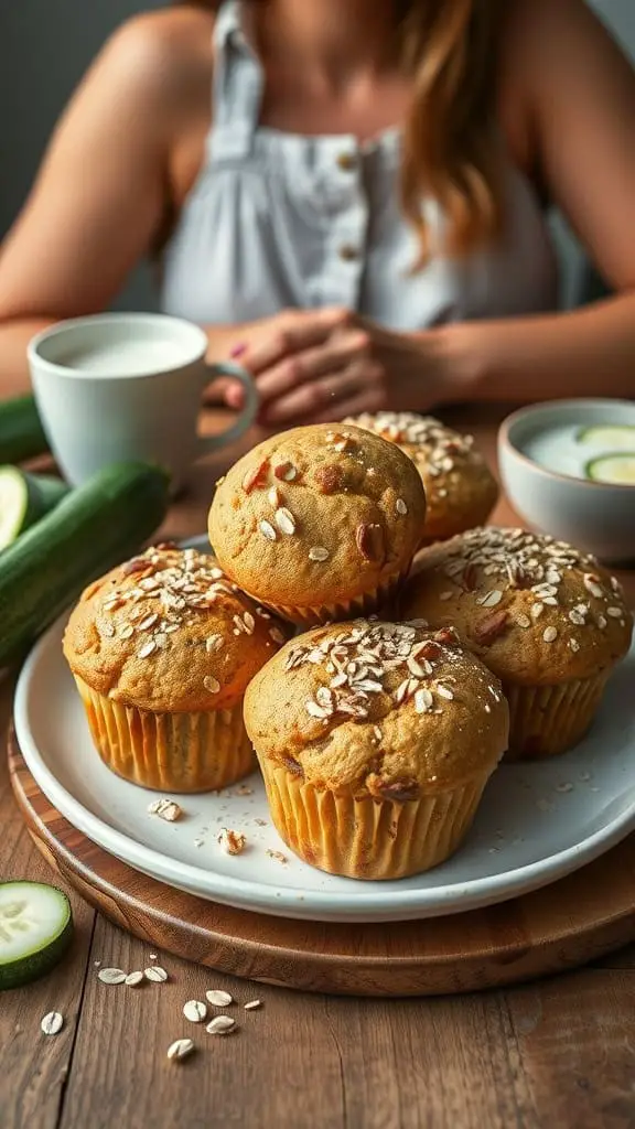 A plate of Zucchini Oat Greek Yogurt Muffins with a cup of yogurt and a sliced cucumber.