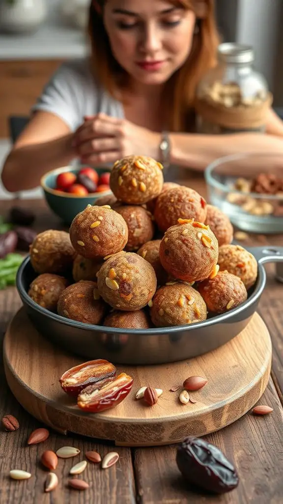 A stack of energy balls made from dates and nuts, showcasing a healthy snack option.