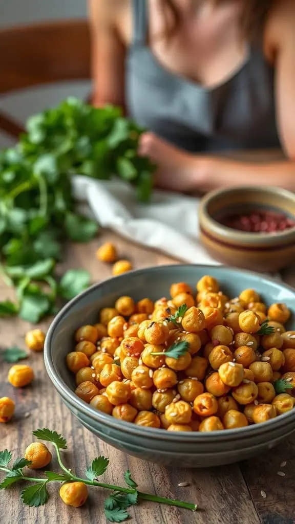 Bowl of roasted chickpeas seasoned with everything bagel spices, garnished with herbs.