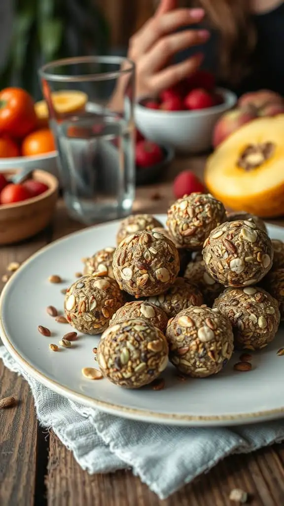 Flaxseed energy balls on a plate, surrounded by fresh fruits and a glass of water.