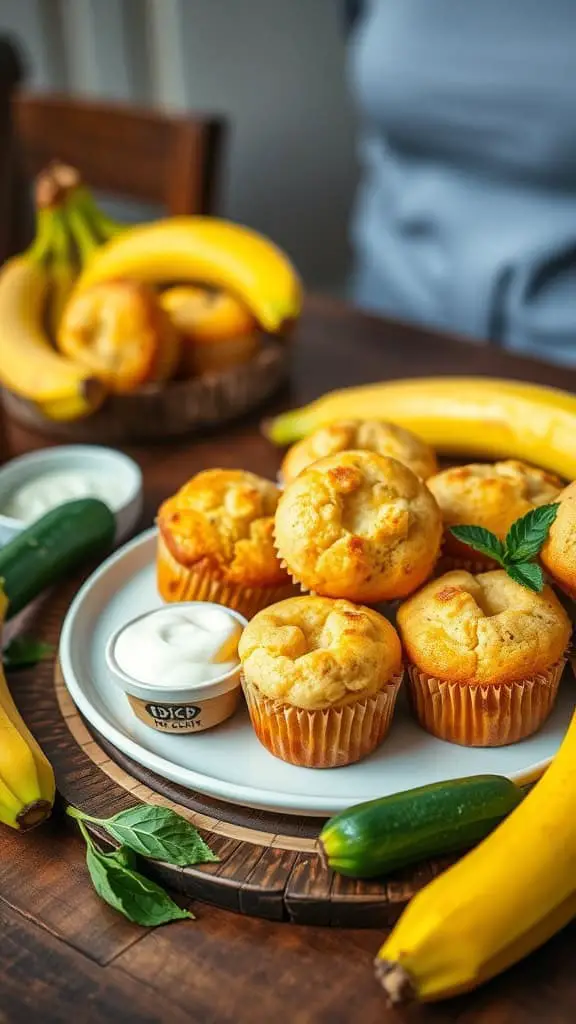 Fluffy Banana Zucchini Greek Yogurt Muffins on a plate with bananas and zucchini