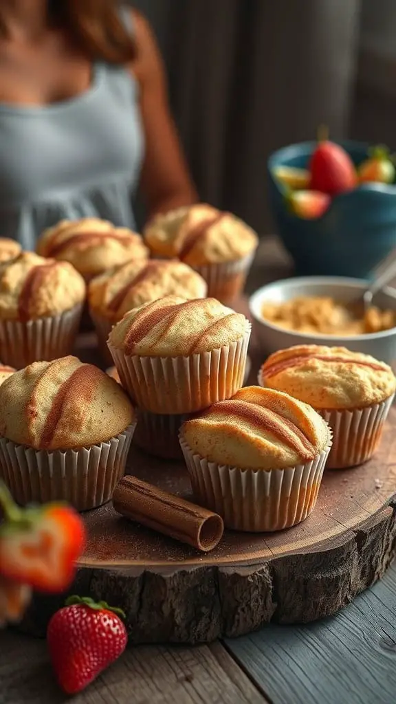 Fluffy Greek yogurt cinnamon muffins arranged on a wooden platter.