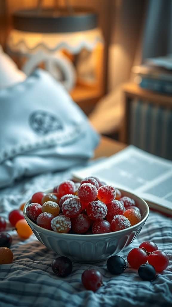 A bowl of frozen grapes on a cozy setting, ideal for a bedtime snack.