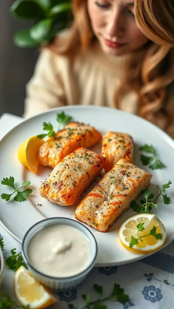 A plate of garlic butter salmon bites with lemon and herbs