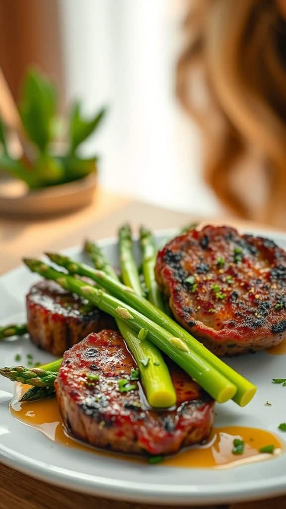 Plate of garlic butter steak bites and asparagus