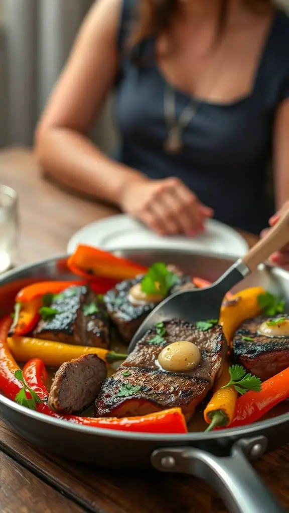 A delicious plate of garlic butter steak bites with roasted peppers garnished with parsley.